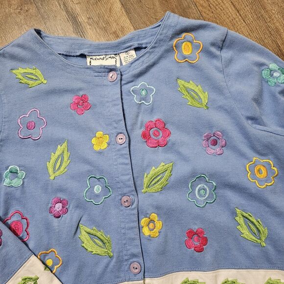 VTG Michael Simon Lite Sz Small Blue Flower Leaf Cardigan, Cotton Embroidered - Picture 4 of 7